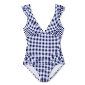 NWT XL White & Blue Ruffle One Piece Bathing Suit